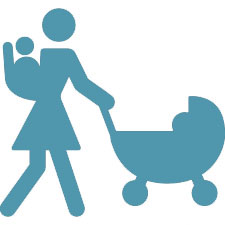 Imagem estilizada a preto de mãe a empurrar um carrinho de bebé e a transportar outro bebé às costas.